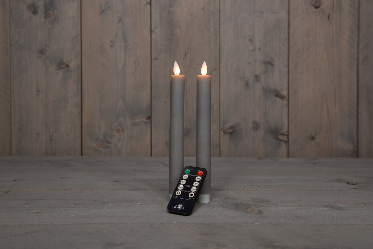 dinerkaars rustiek wax led bewegende vlam op batterij met afstandsbediening h23cm taupe 2st