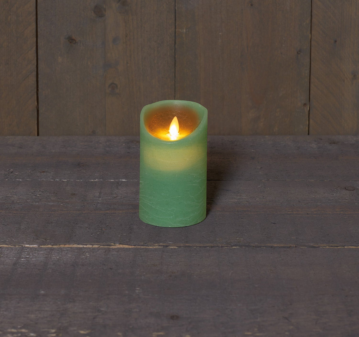 stompkaars rustiek wax bewegende vlam op 3xaaa batterij met timer 12.5x7.5cm jade groen
