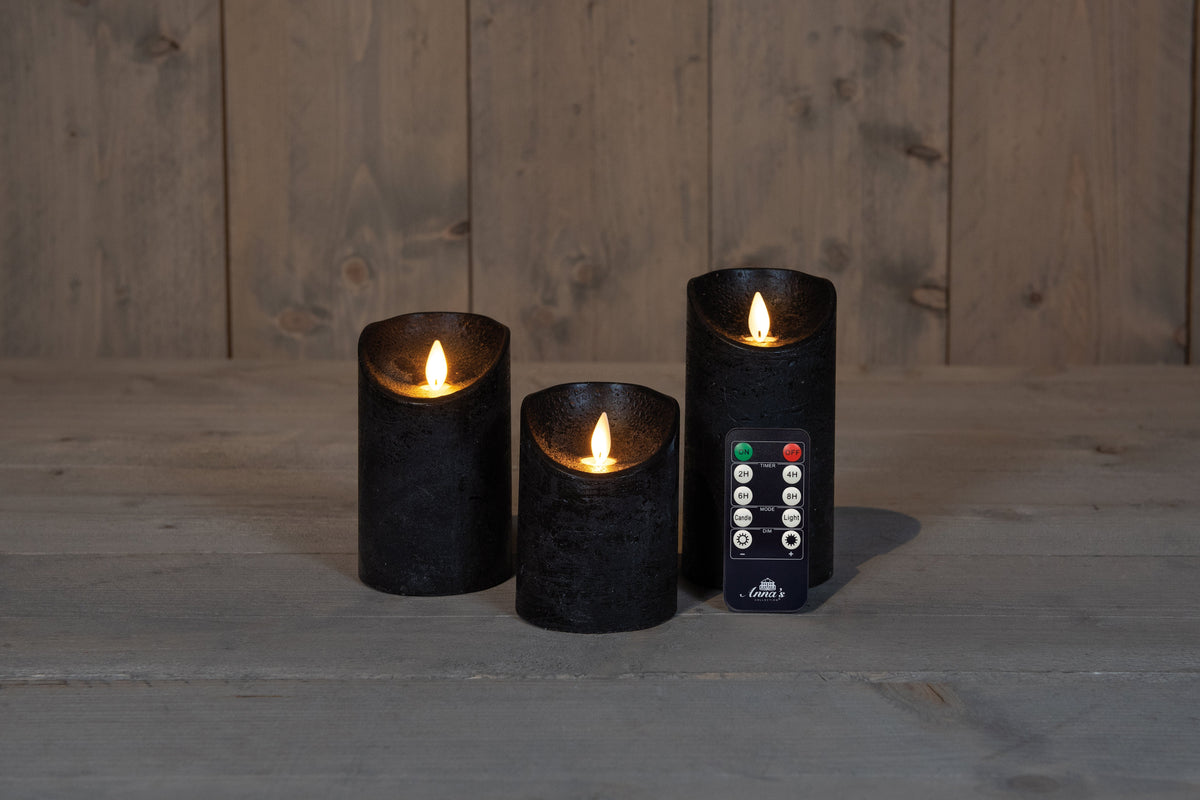 kaars rustiek wax led bewegende vlam op batterij met afstandsbediening 10/12.5/15x7.5cm zwart set van 3