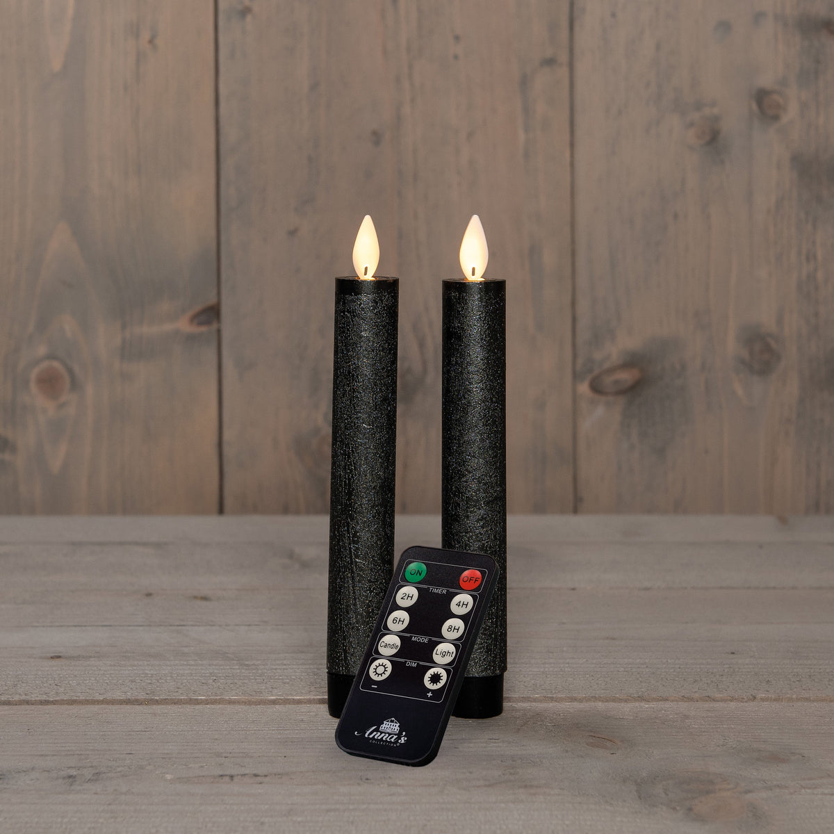 dinerkaars wax led bewegende vlam op batterij met afstandsbediening  2 stuks h18cm antraciet