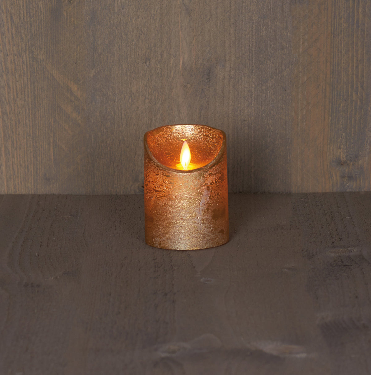 stompkaars rustiek wax bewegende vlam op 3xaaa batterij met timer 10x7.5cm goud