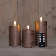 stompkaars rustiek wax 3d vlam op 3x3aaa batterij met afstandbediening d7.5h10/12.5/15cm brons set van 3