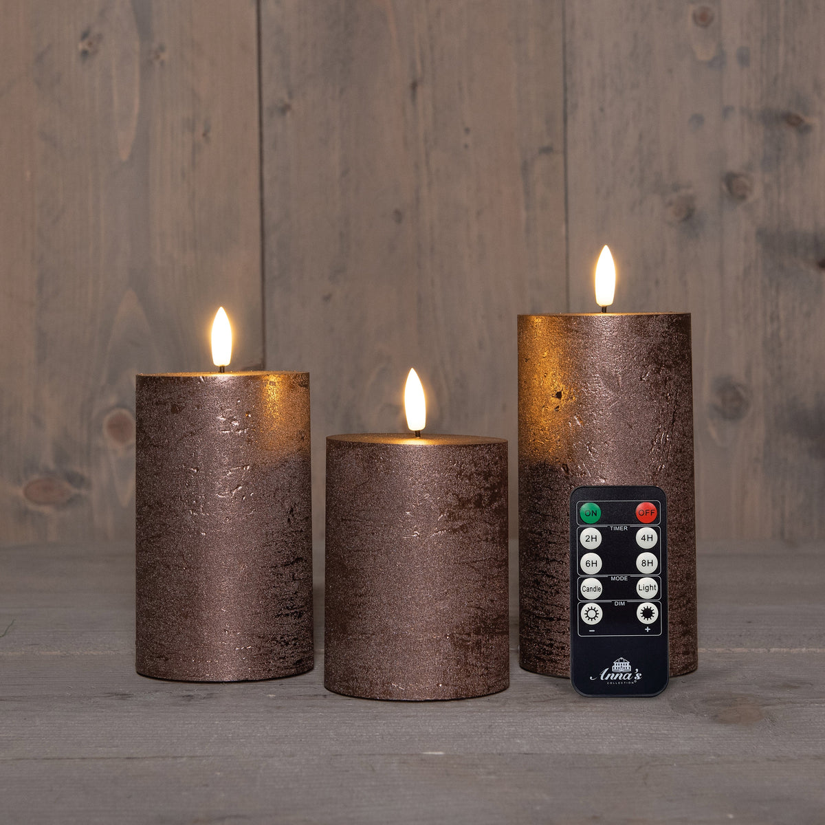stompkaars rustiek wax 3d vlam op 3x3aaa batterij met afstandbediening d7.5h10/12.5/15cm brons set van 3