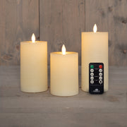 stompkaars rustiek wax bewegende vlam oplaadbaar met afstandsbediening en usb kabel 10/12.5/15x7.5cm ivoor set van 3