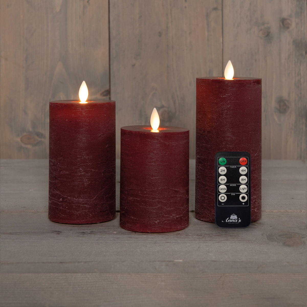 stompkaars rustiek wax bewegende vlam oplaadbaar met afstandsbediening en usb kabel 10/12.5/15x7.5cm bordeaux set van 3