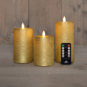 stompkaars rustiek wax bewegende vlam oplaadbaar met afstandsbediening en usb kabel 10/12.5/15x7.5cm goud set van 3
