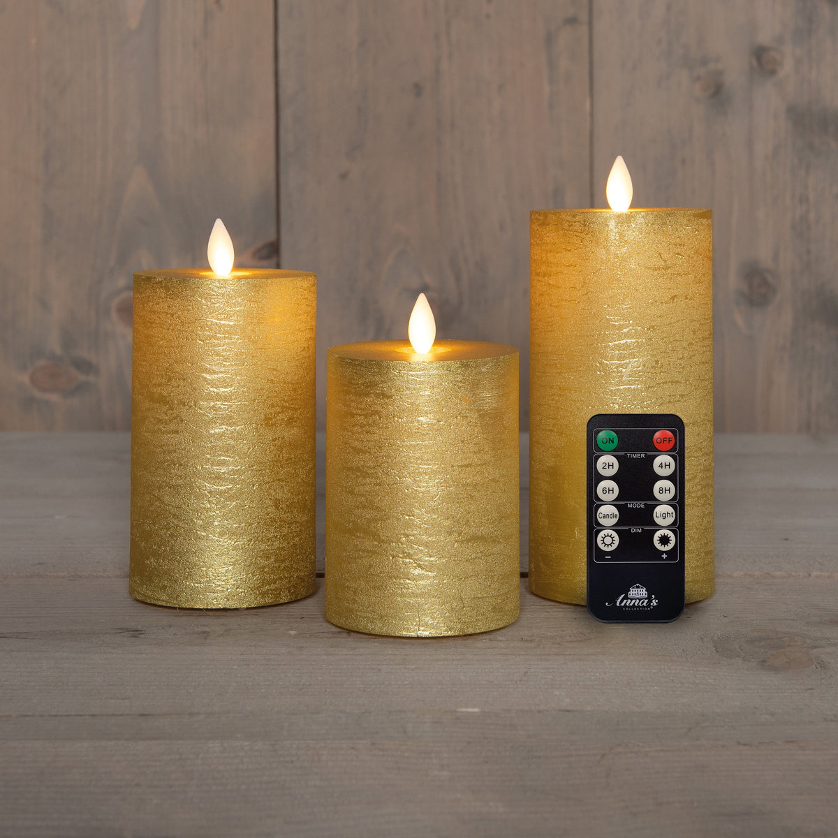 stompkaars rustiek wax bewegende vlam oplaadbaar met afstandsbediening en usb kabel 10/12.5/15x7.5cm goud set van 3
