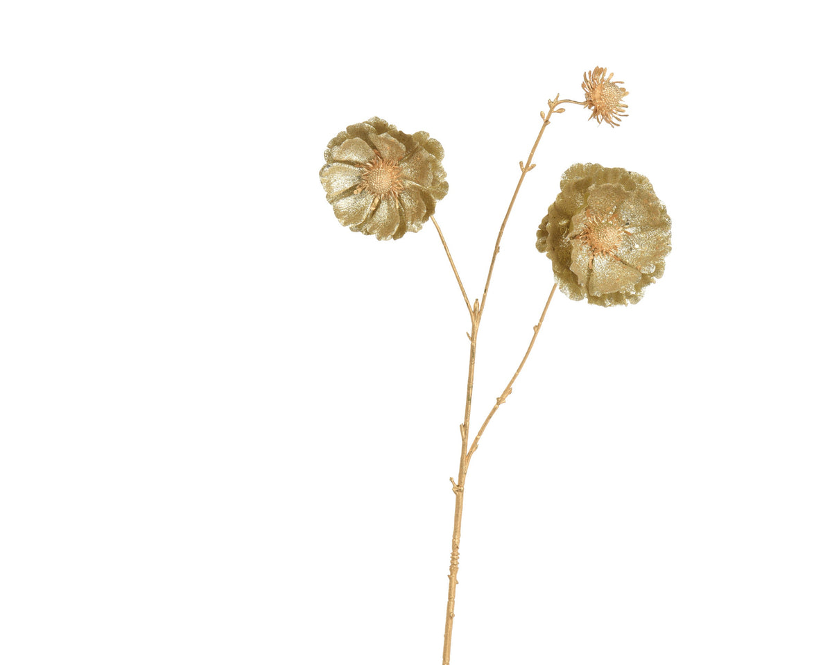 papaver polyester glitter 2 flower heads 1 bud with gold stem goud l.22cm x w.10cm x h.76cm