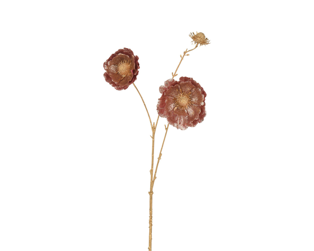 papaver polyester glitter 2 flower heads 1 bud with gold stem roze l.22cm x w.10cm x h.76cm