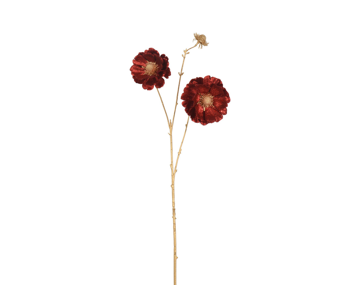 papaver polyester glitter 2 flower heads 1 bud with gold stem maroon l.22cm x w.10cm x h.76cm