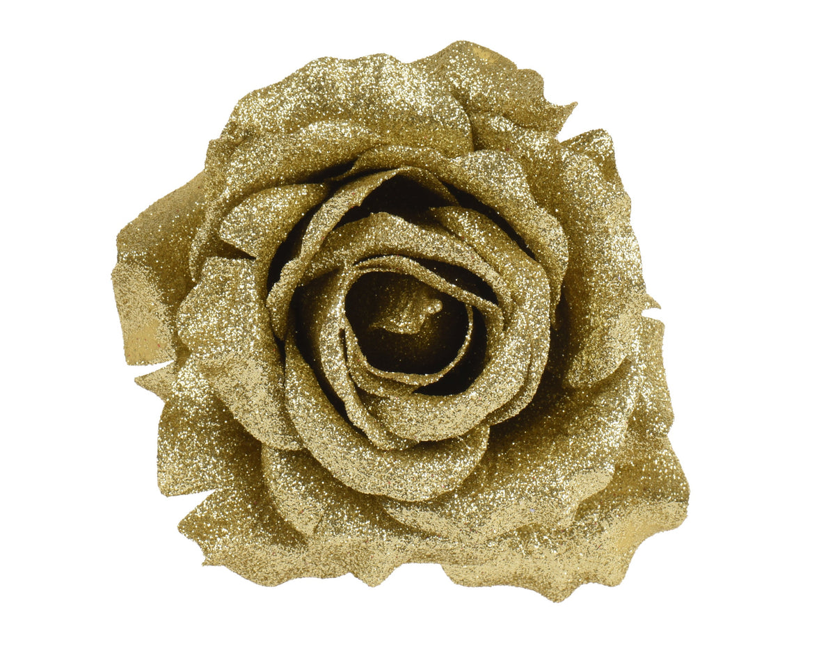 roos op clip polyester glitters goud d.12cm x h.7.5cm