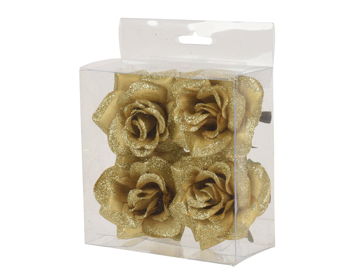roos op clip polyester glitters goud d.8cm x h.4.5cm