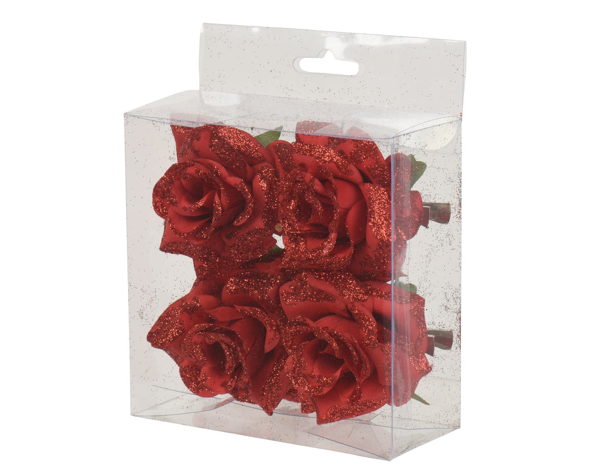 roos op clip polyester glitters kerstrood d.8cm x h.4.5cm