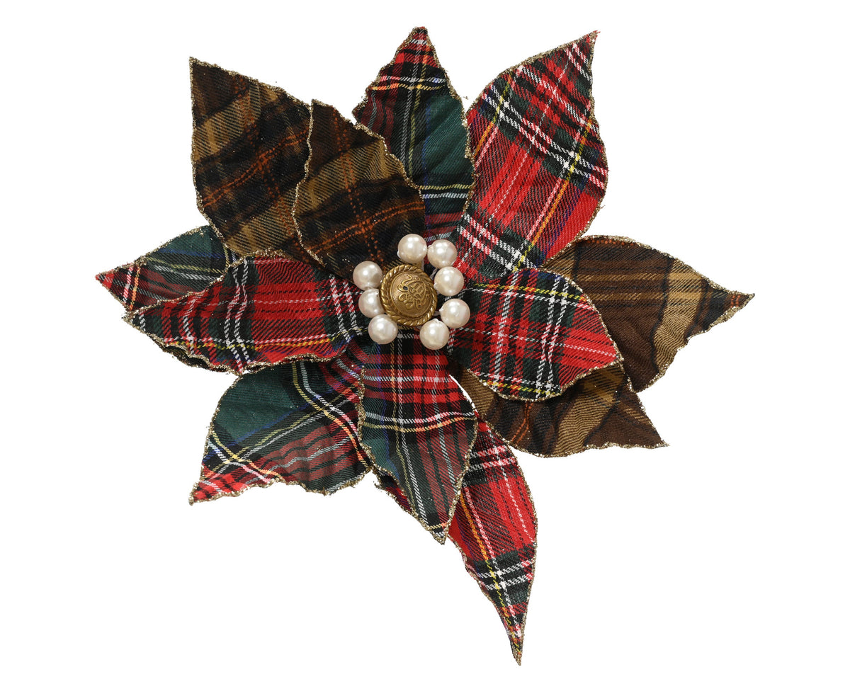 poinsettia op clip polyester tartan flower w button pearl center w glitter edge groen/rood d.31cm x h.14cm