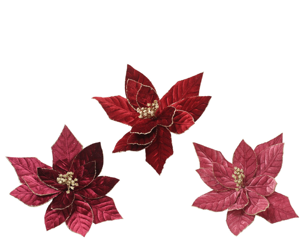 poinsettia op clip polyester fluweel glitter, sequin 3col ass assortie d.30cm x h.15cm