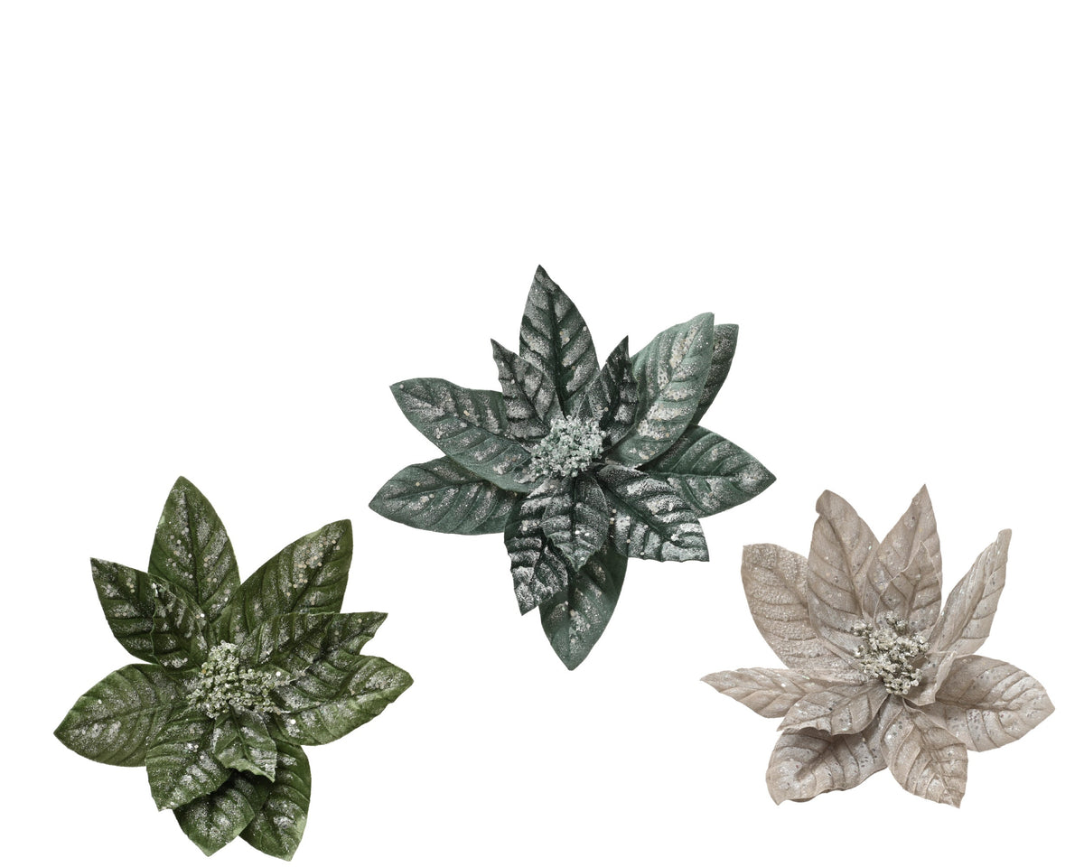 poinsettia op clip polyester fluweel frosted 3col ass assortie d.30cm x h.15cm