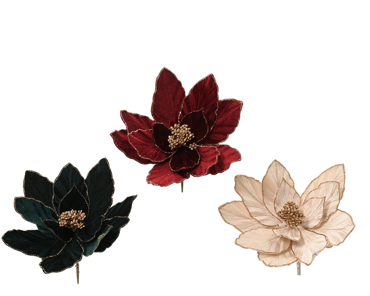 poinsettia op clip polyester fluweel glitter center w glitter edge 3col ass assortie d.28cm x h.13cm