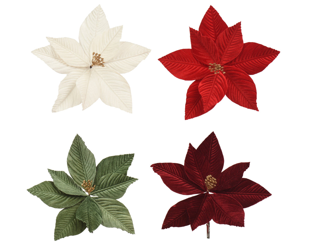 poinsettia op clip polyester fluweel 4col ass assortie d.25cm x h.8cm