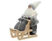 kerstman polyester fabric coat, christmas hat, gift bag and wood sleigh grey/cool white l.25cm x w.12cm x h.35cm