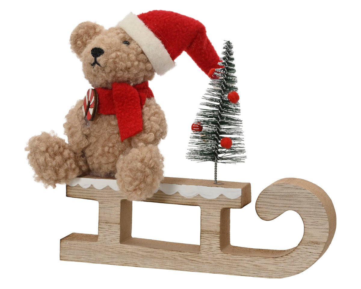 beer polyester sleigh teddy fur polyester bear, tree fsc mix 70% bruin/kleur(en) l.16cm x w.2cm x h.15cm