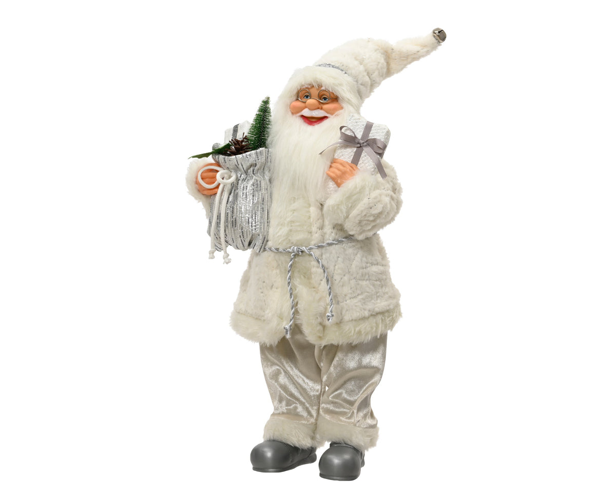 kerstman plastic polyester fabric, silver brim, belt, giftbag, green tree, plastic pinecone, foam present box wit l.29cm x w.13cm x h.45cm