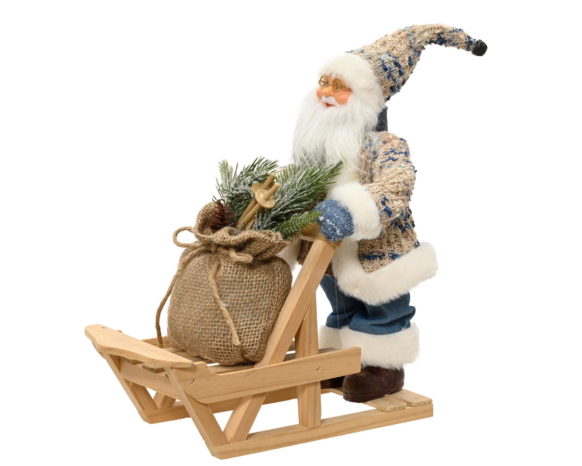 kerstman plastic polyester fabric, wood sleigh, snow branch, ski blauw/kleur(en) l.16cm x w.30cm x h.32cm
