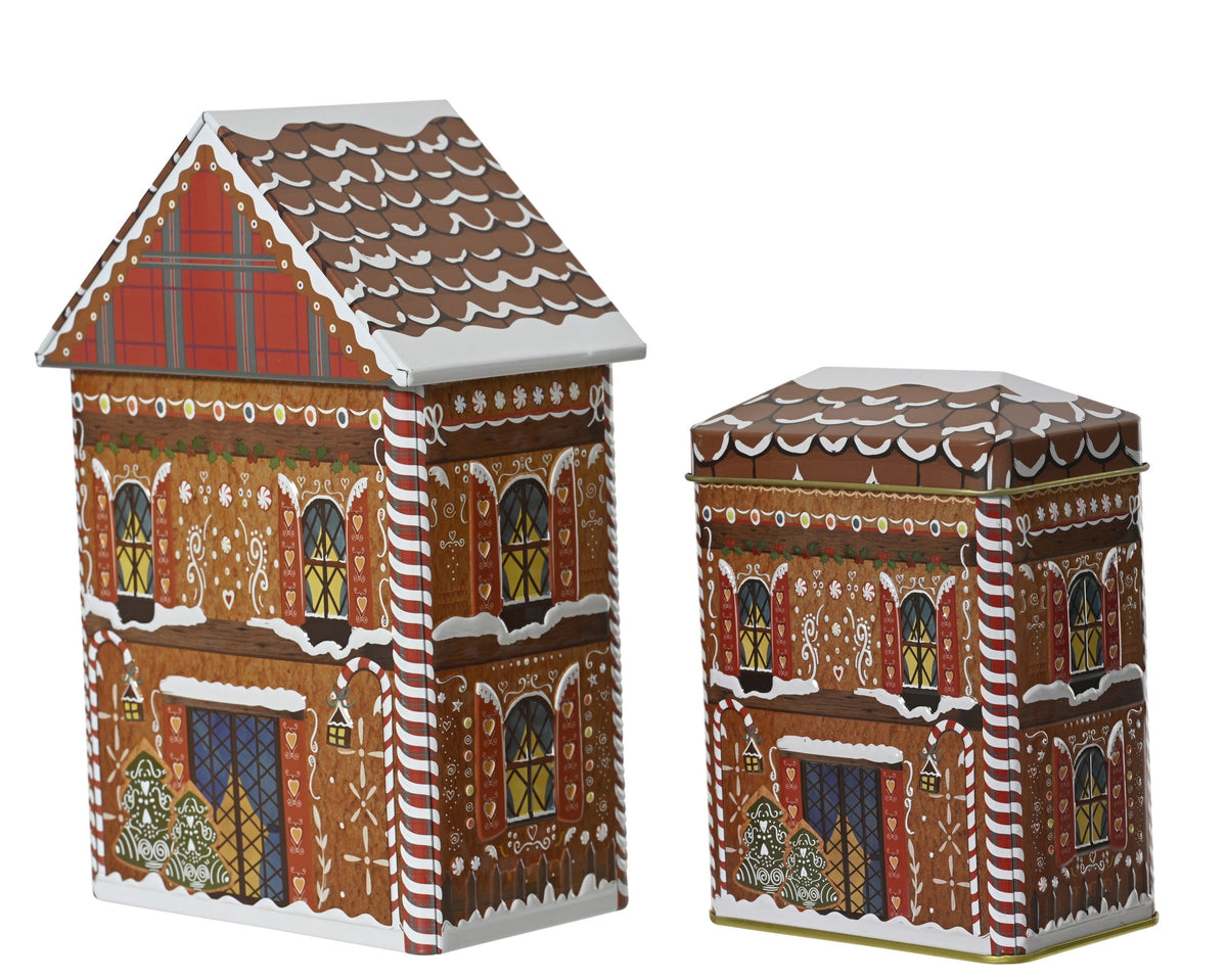 opberg blik house uv print embossed pattern bruin/kleur(en) l.13.5cm x w.8.5cm x h.21.5cm