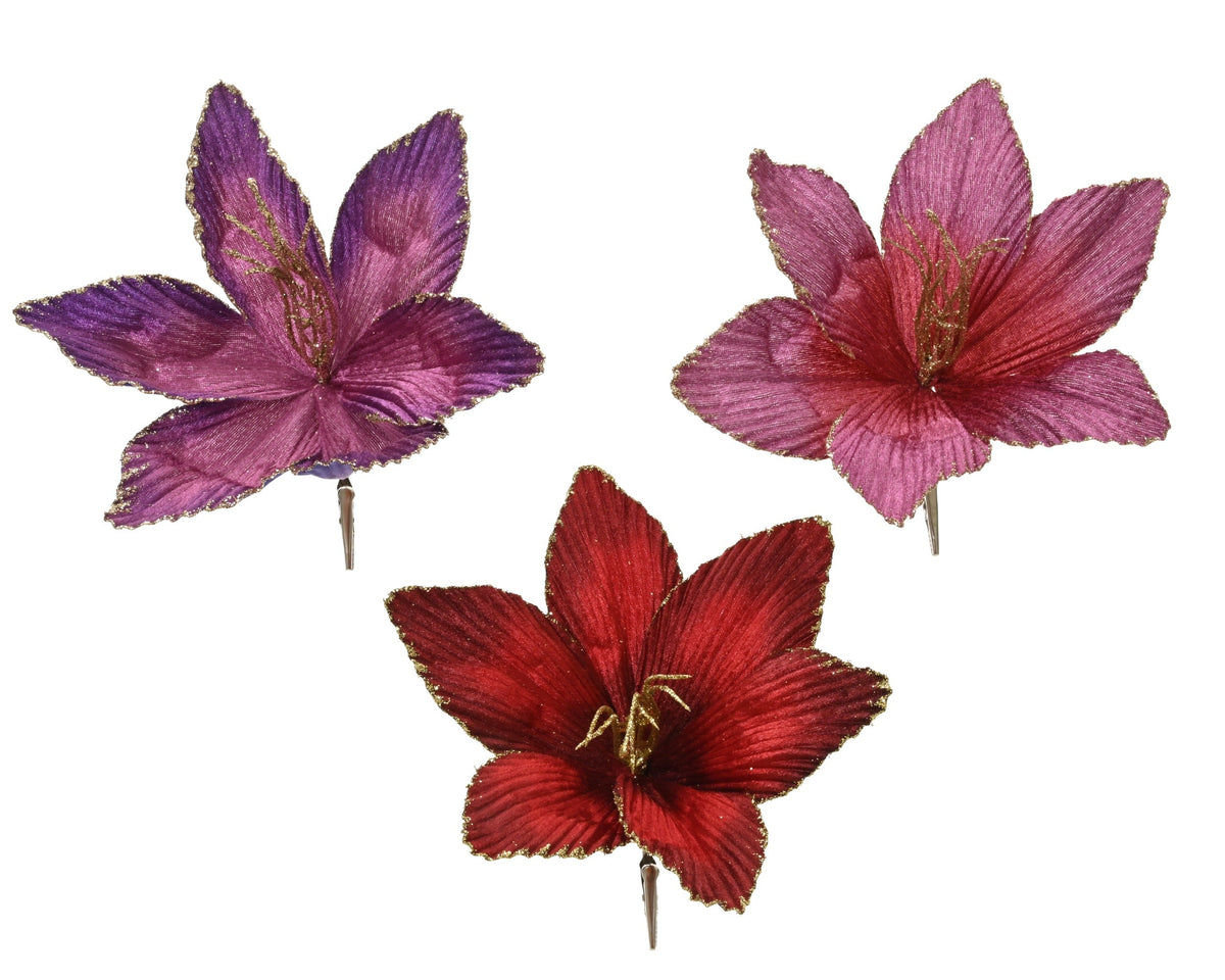 bloem op clip polyester fluweel amaryllis on clip 3col ass assortie d.23cm x h.10cm