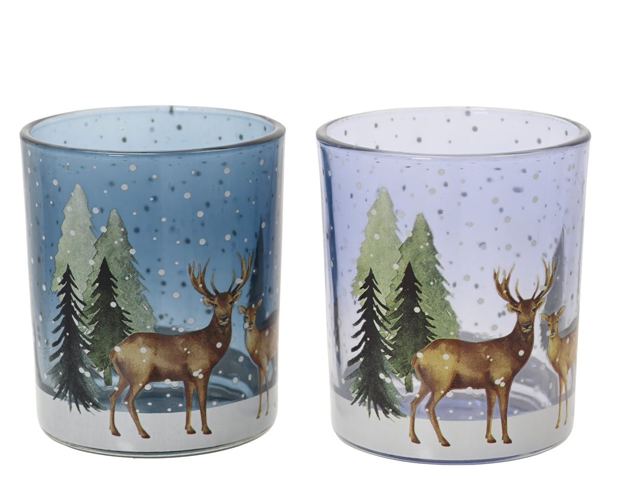 theelichthouder glas transparent deer, tree 2col ass assortie d.7cm x h.8.2cm