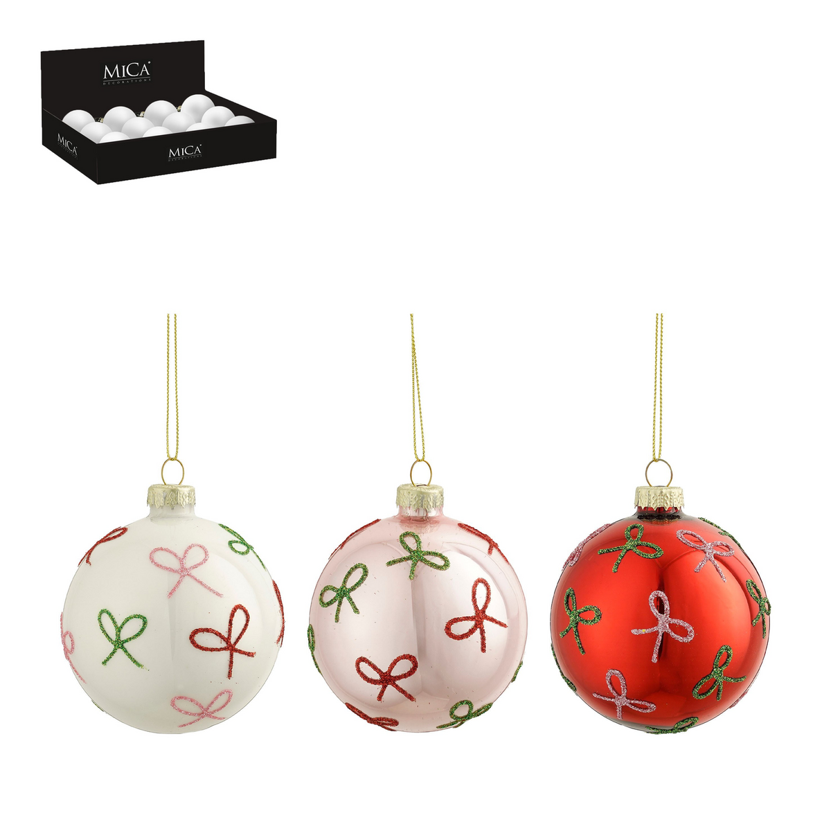 bal glas strik wit rood roze 3 assorti 12 stuks display - d8cm