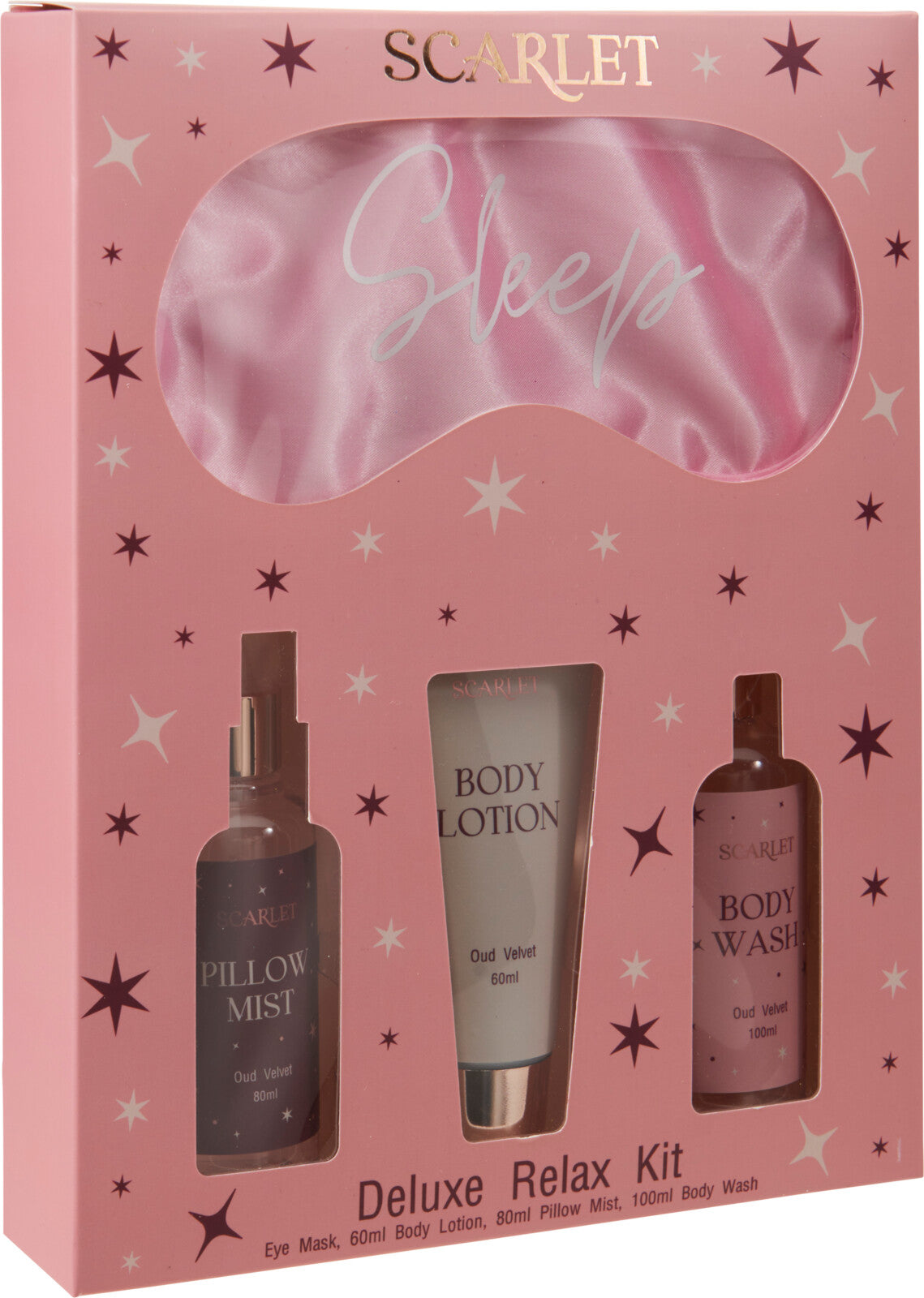 geschenkset scarlet  bodylotion, pillow mist, body was en oogmasker s/4