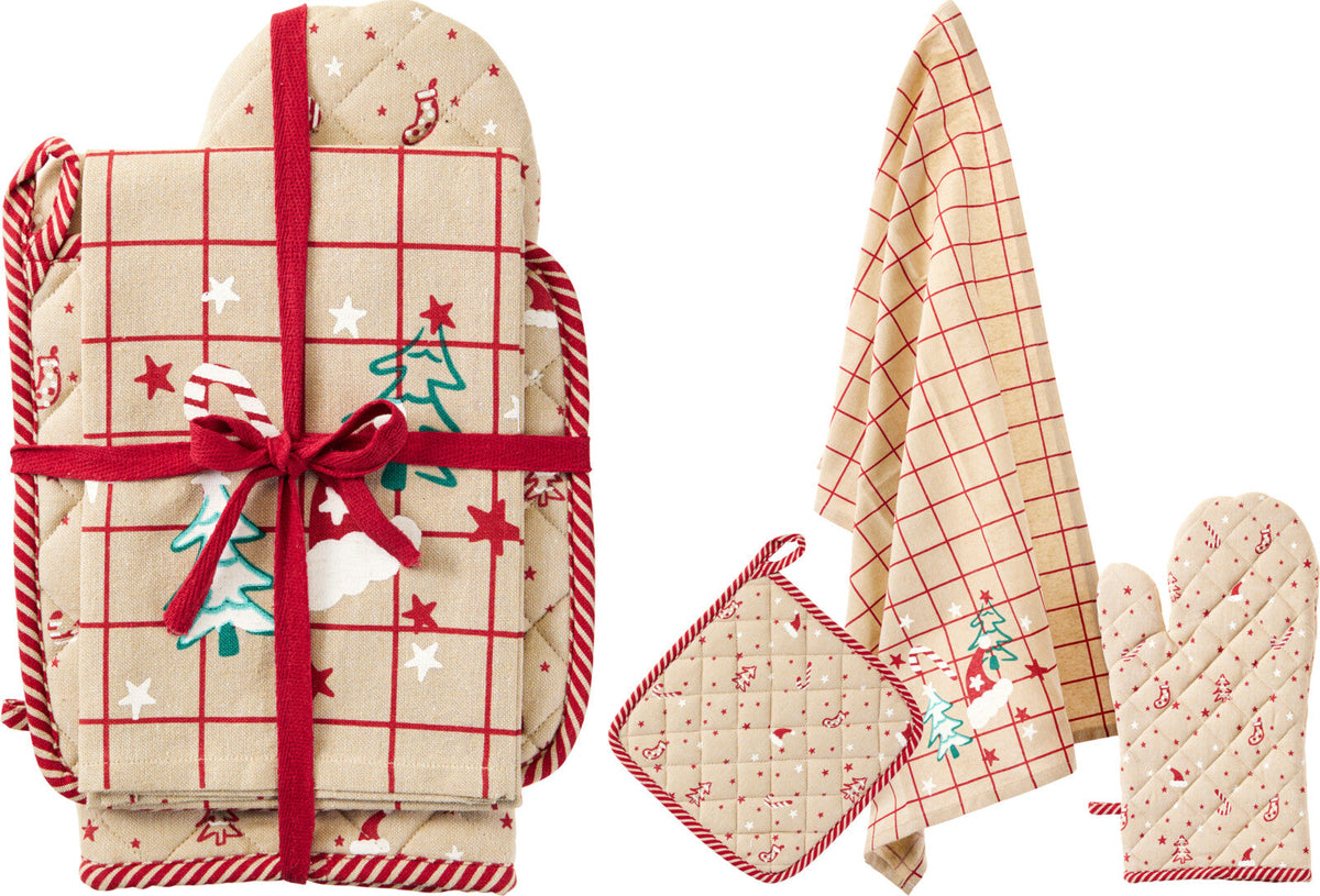 keukentextiel set 3sts ovenhandschoen, pannenlap en theedoek rood kerst gnome design