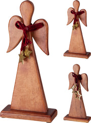 engel 32cm staande 2ass houten met burgundy lint en goud sterren