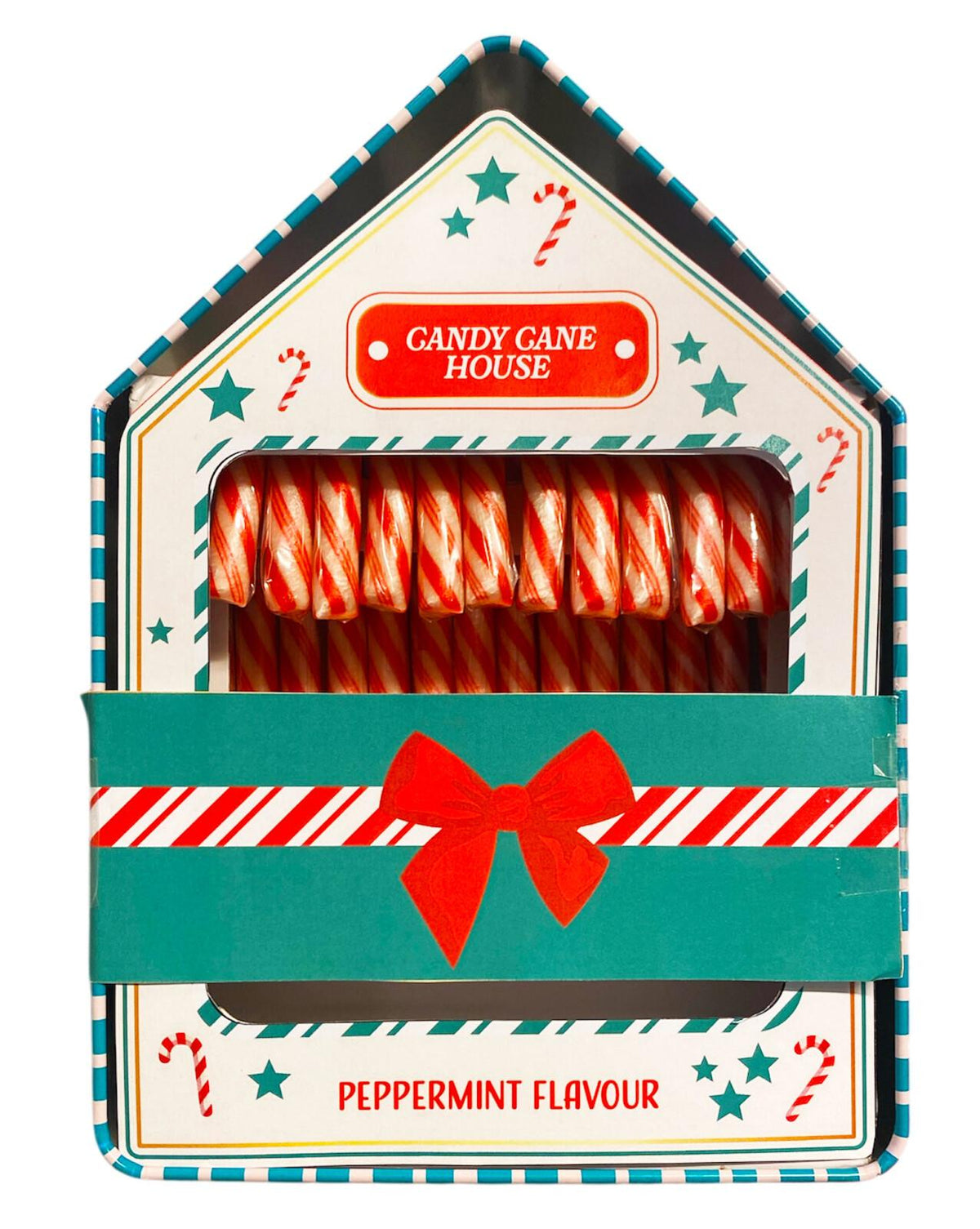 xmas house tin with candy cane