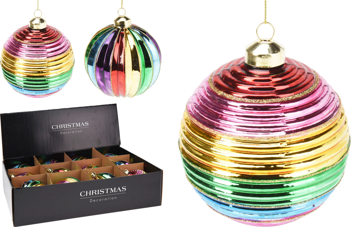 kerstbal glas 10cm multikleur streep 2ass