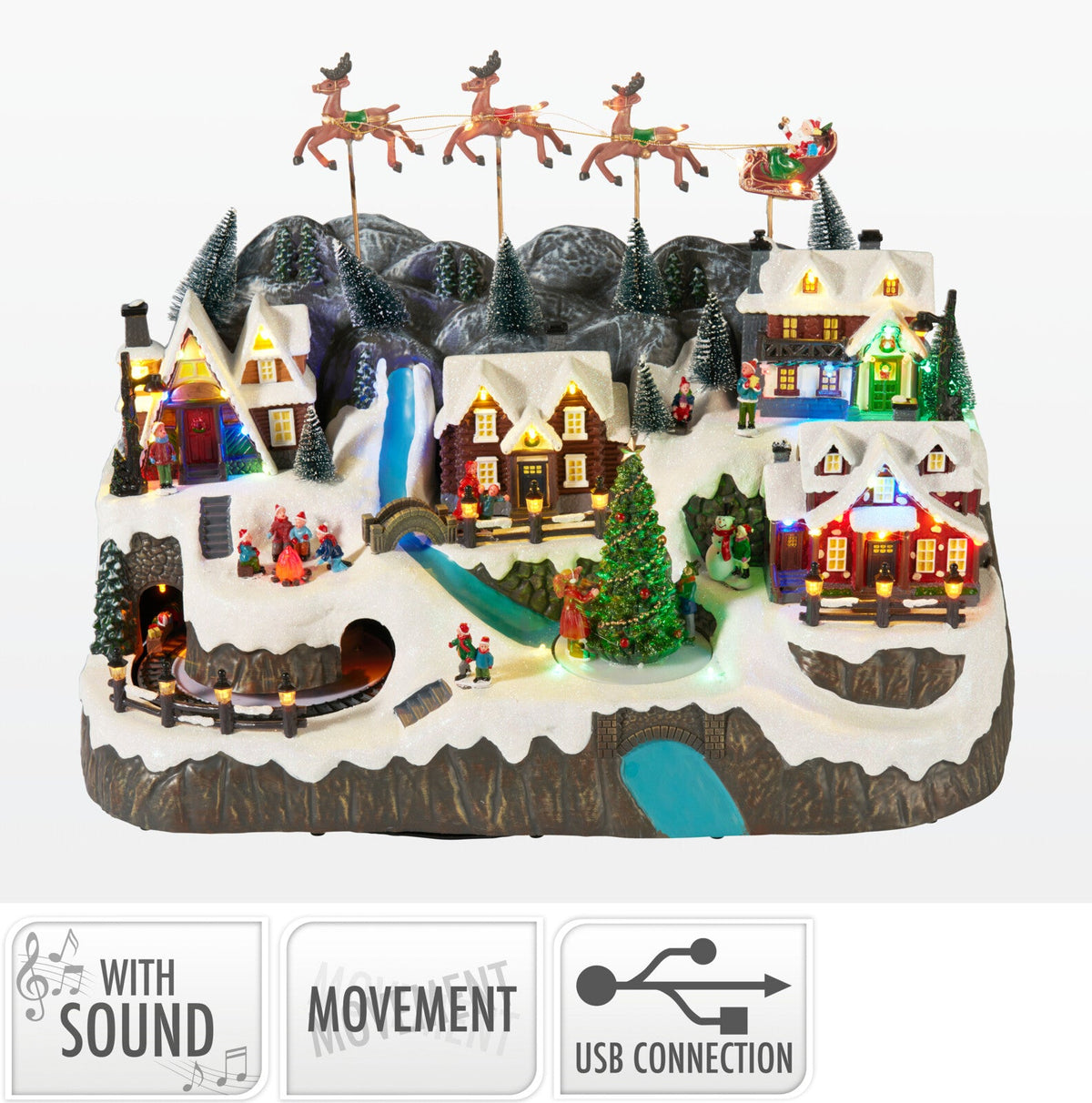 dorp met kerstman slee, led, muziek en beweging 59cm