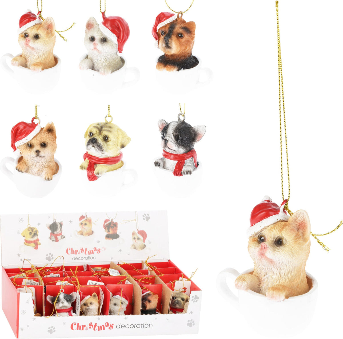 hond en kat in kopje hangdeco 6cm 6ass