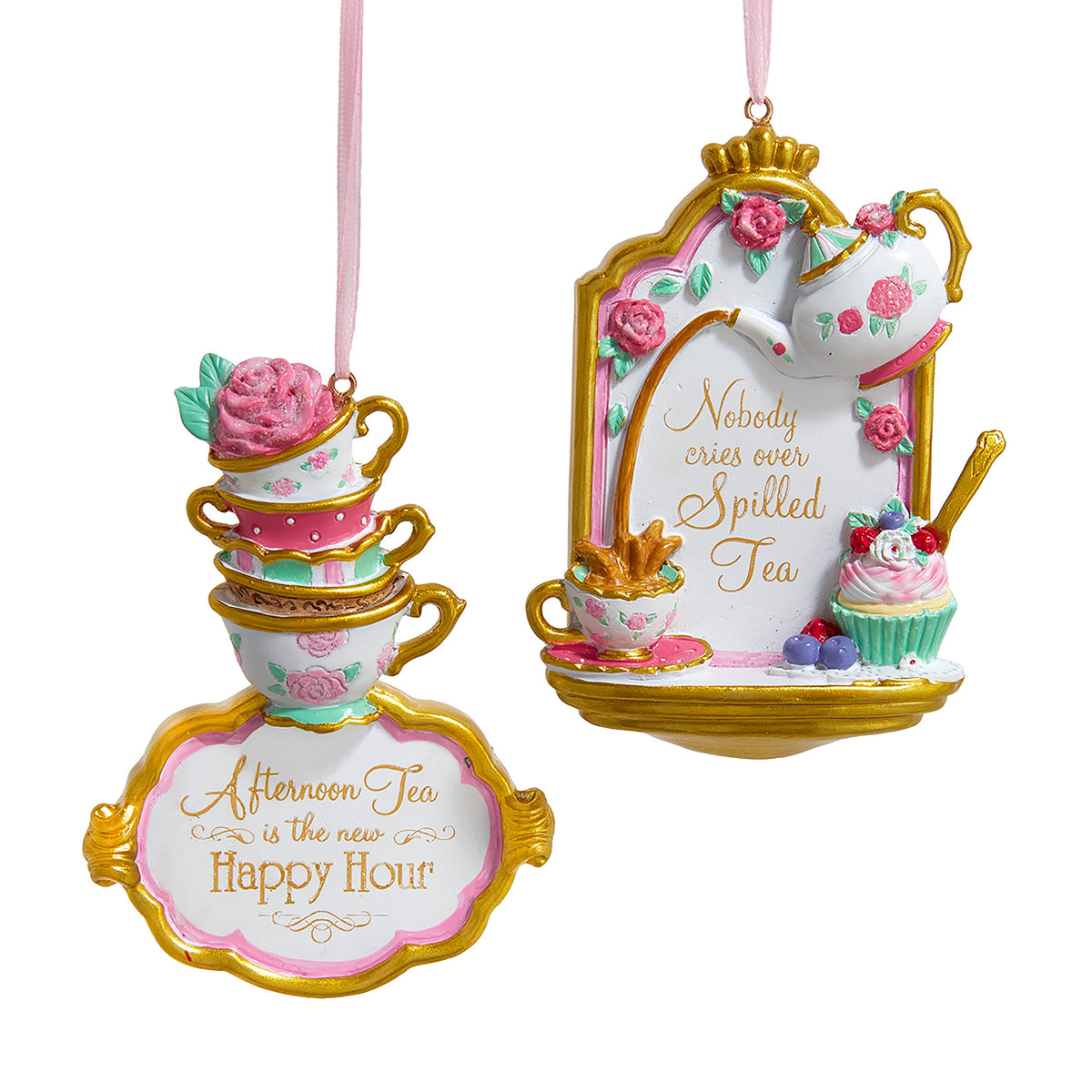 4"resin high tea sign orn 2/asstd: "nobody cries over spille