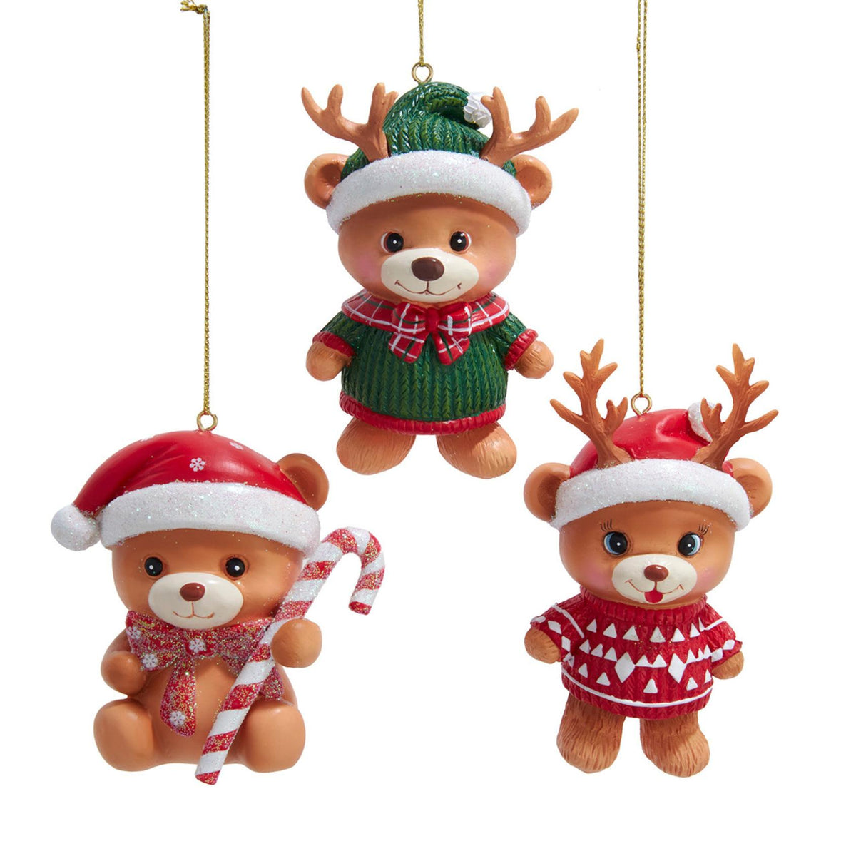 3.94"resin teddy bear sweater & antlers & candycane orn 3/as