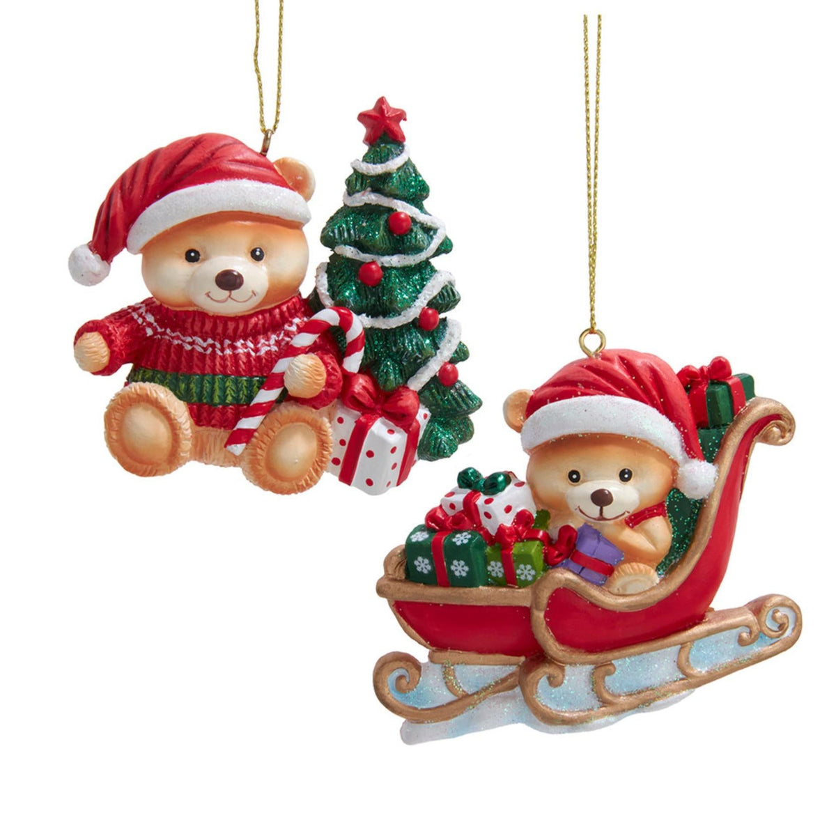 3.74"resin flatback teddy bear w/tree & in sleigh orn 2/asst