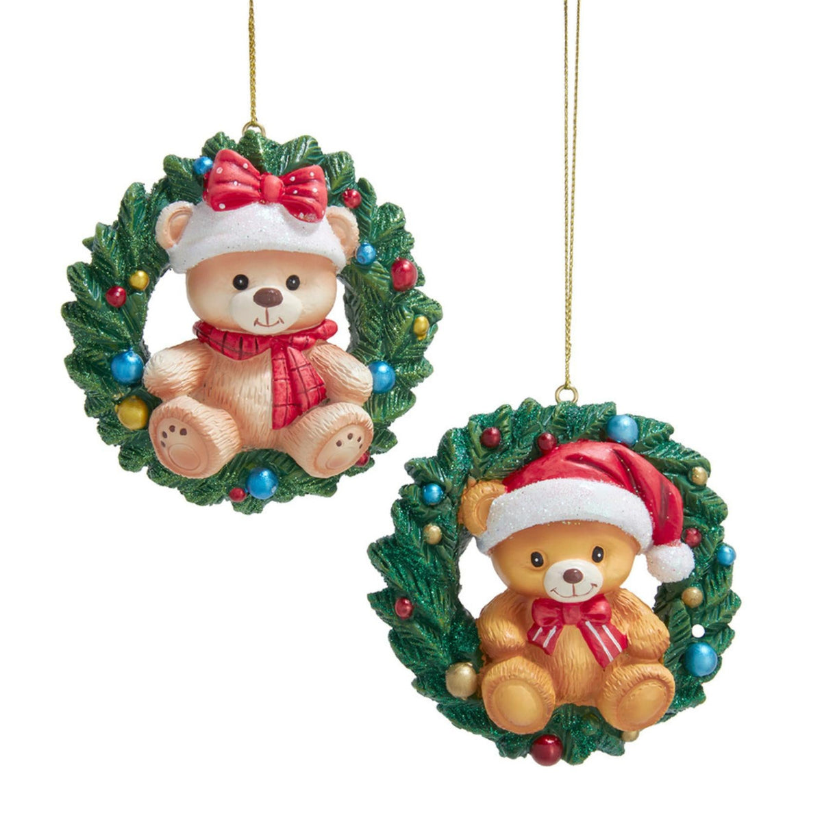 3.35"resin teddy bears w/krans orn 2/asstd