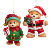 3.74"resin santa bear & elf bear w/present orn 2/asstd