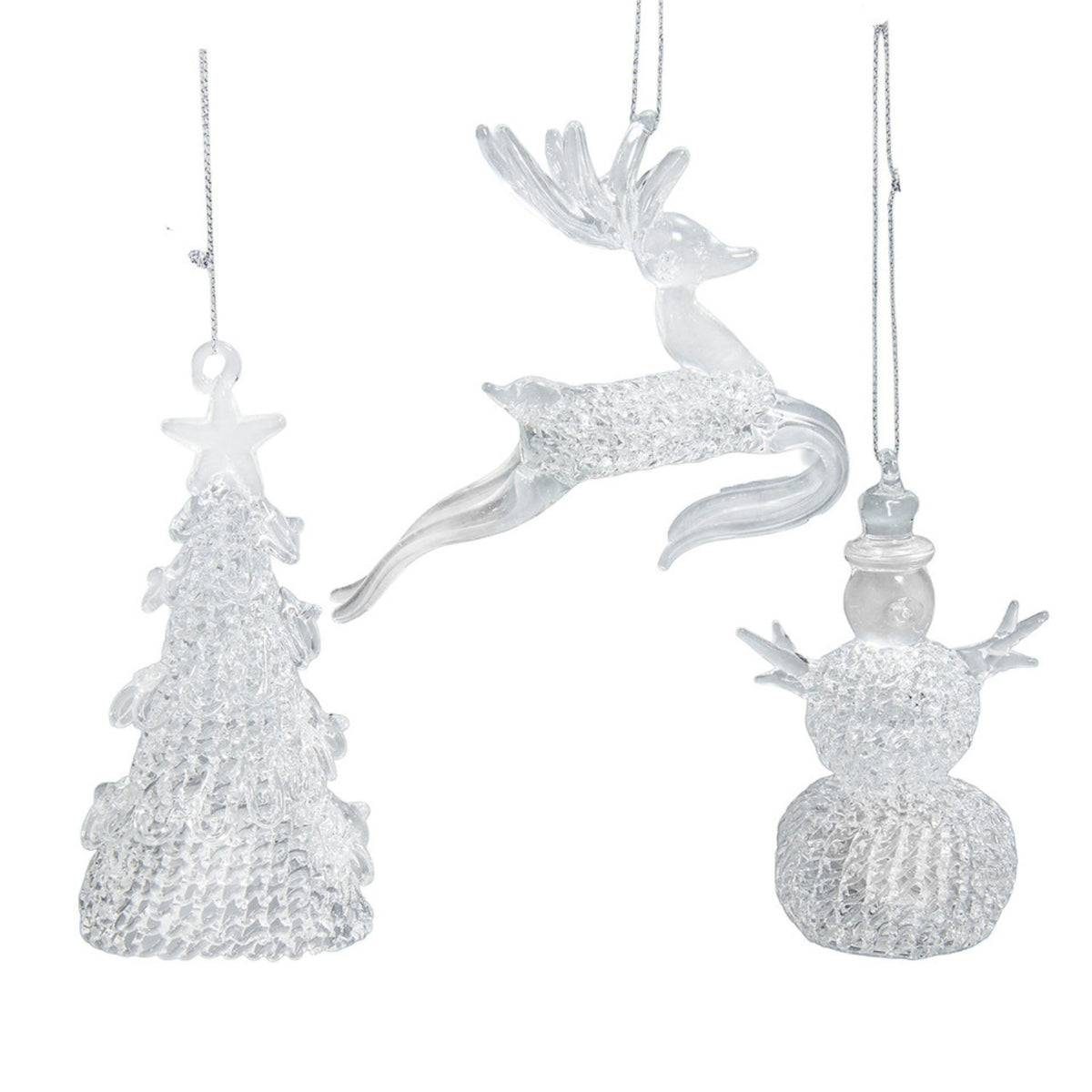 4.75"glass christmas tree, snowman & reindeer orns 3/asstd.