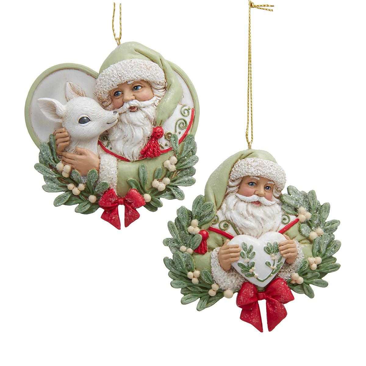 3.5"resin mistletoe kisses santa krans orn 2/asstd.