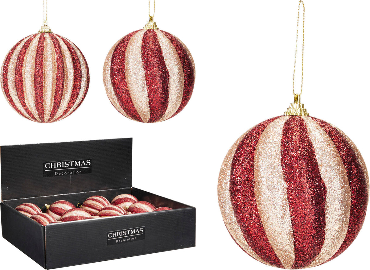 kerstbal 10cm 2ass glitter soft pink met burgundy