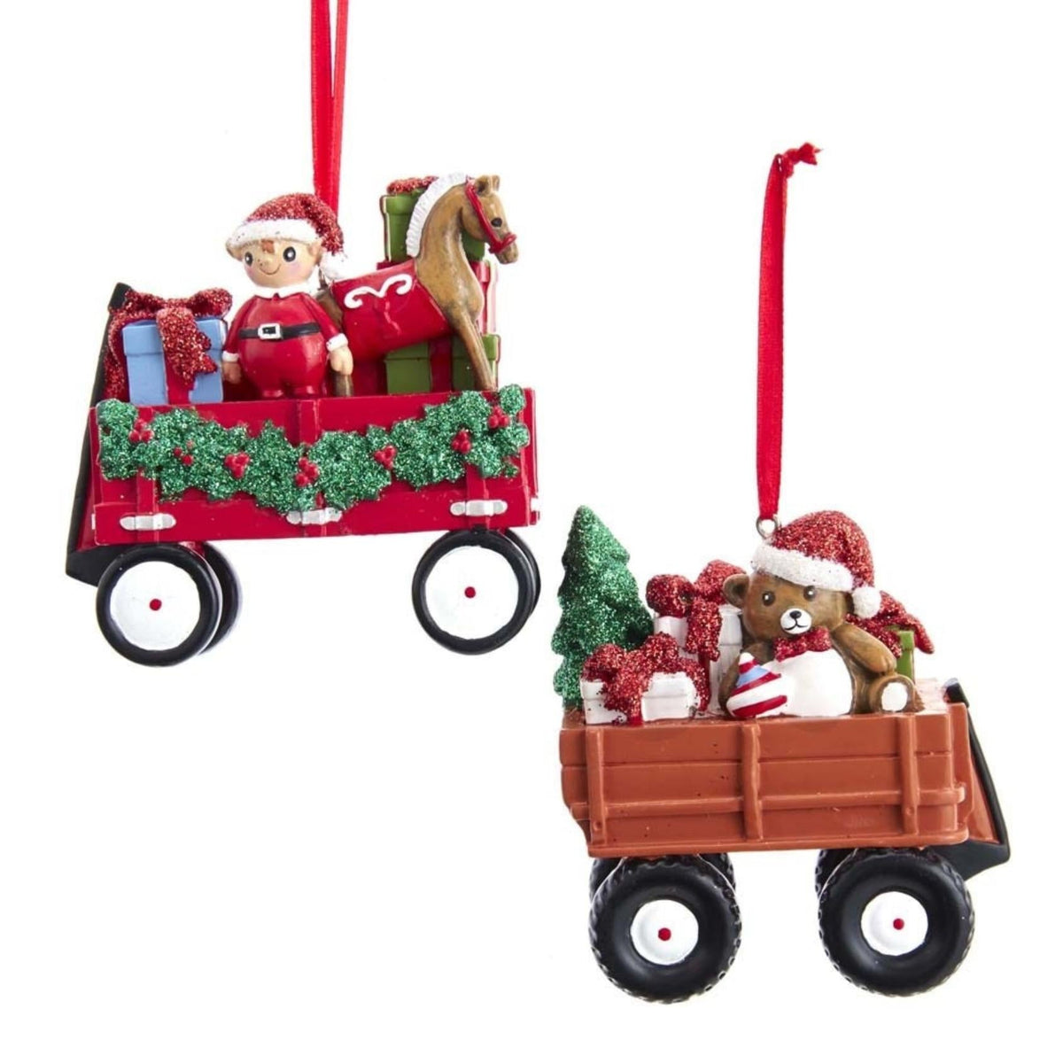 3.5"resin bear & elf in wagon orns