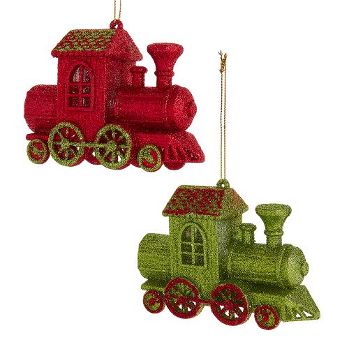 3.4"plastic red & apple green glittered train orn 2/asstd