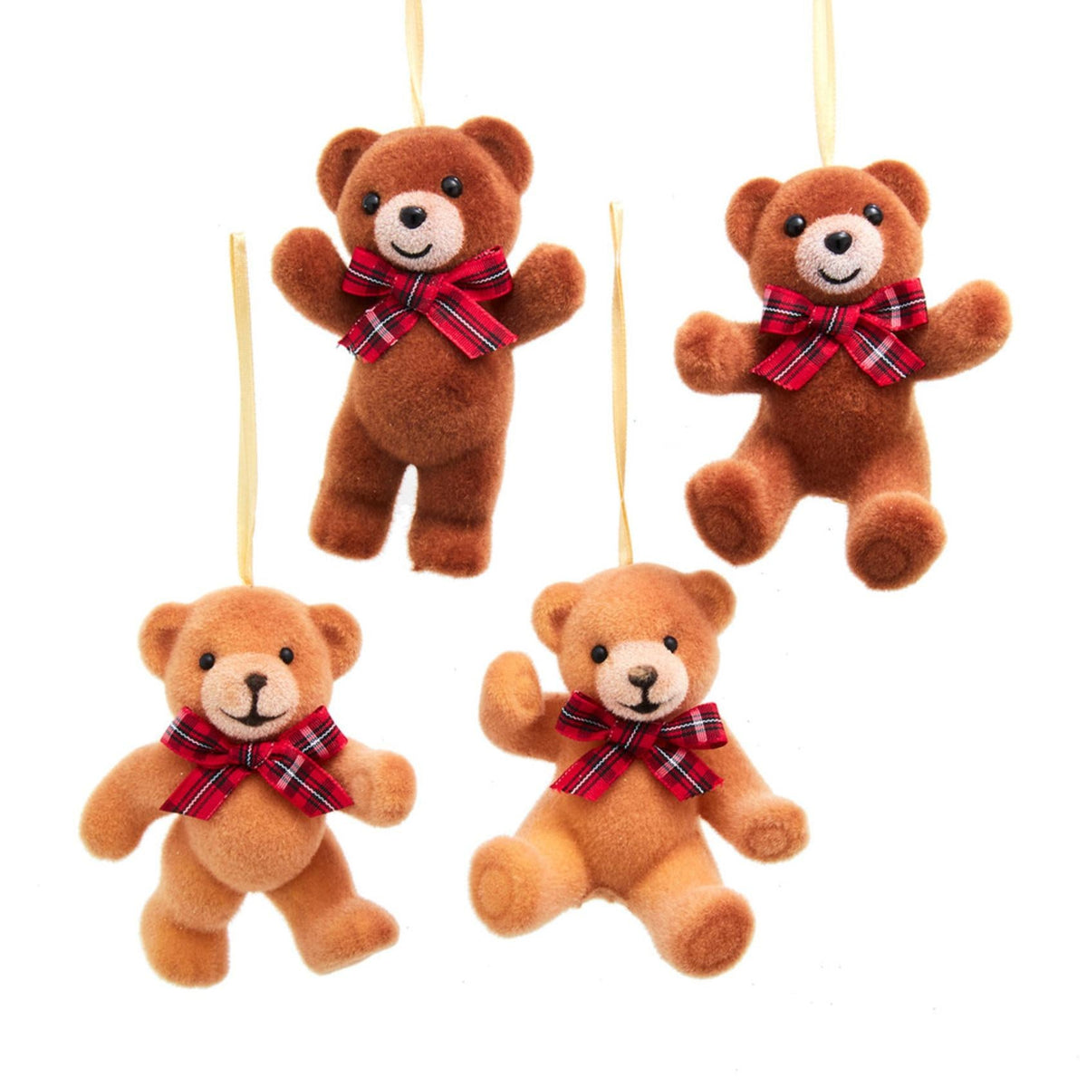 3.54x2x3.74"plastic brown & tan bears w/plaid bow orns 4/ass