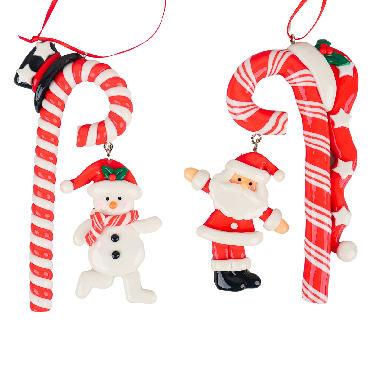 4.875"-5"h clay dough candy cane w/ snta/ snowman orna x 2.