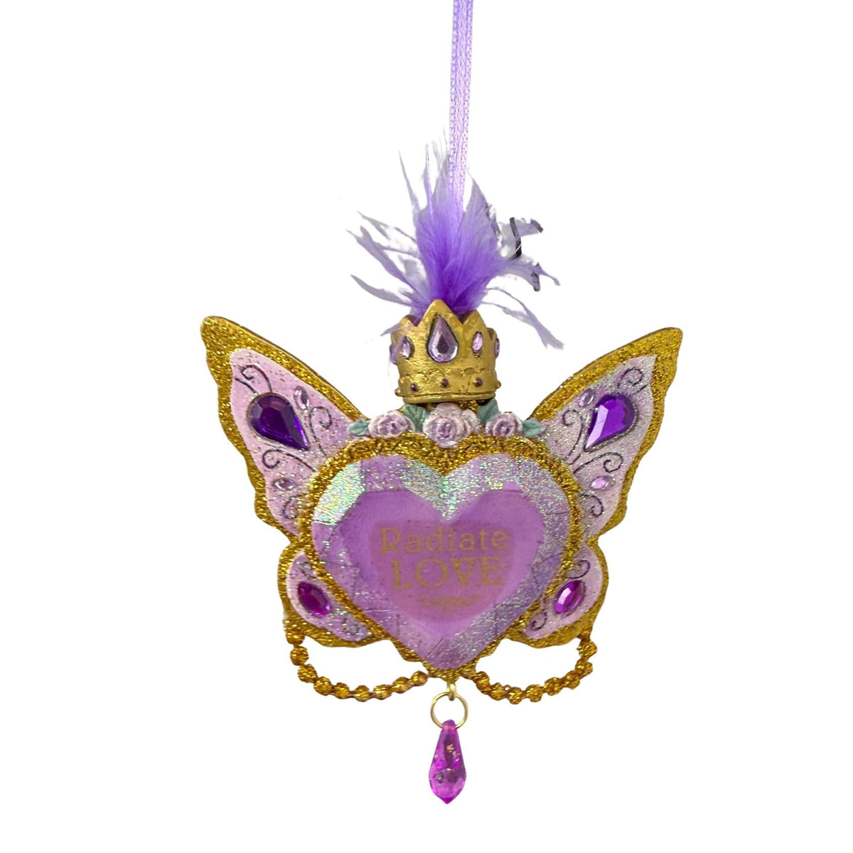 3.75"resin gold/purple heart with stones orn